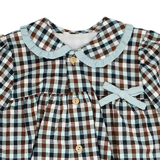 Vestido estampado xadrez verde Baby-Ferr 25659 para menina com laço (3 a 12 anos)