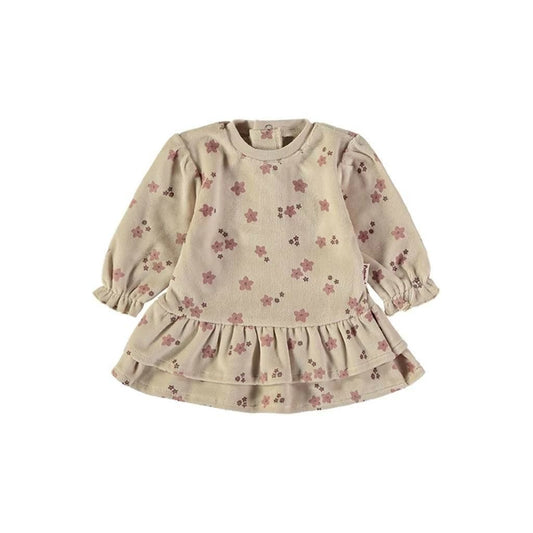 Vestido de bebé niña en tejido aterciopelado beige con estampado floral y volantes Babybol 260053
