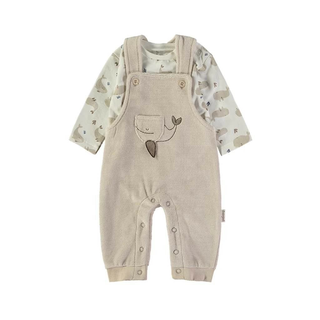 Conjunto de bebé de peto tundosado beige con ballena y camiseta estampada Babybol 260056
