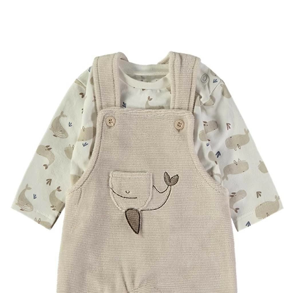 Conjunto de bebé de peto tundosado beige con ballena y camiseta estampada Babybol 260056