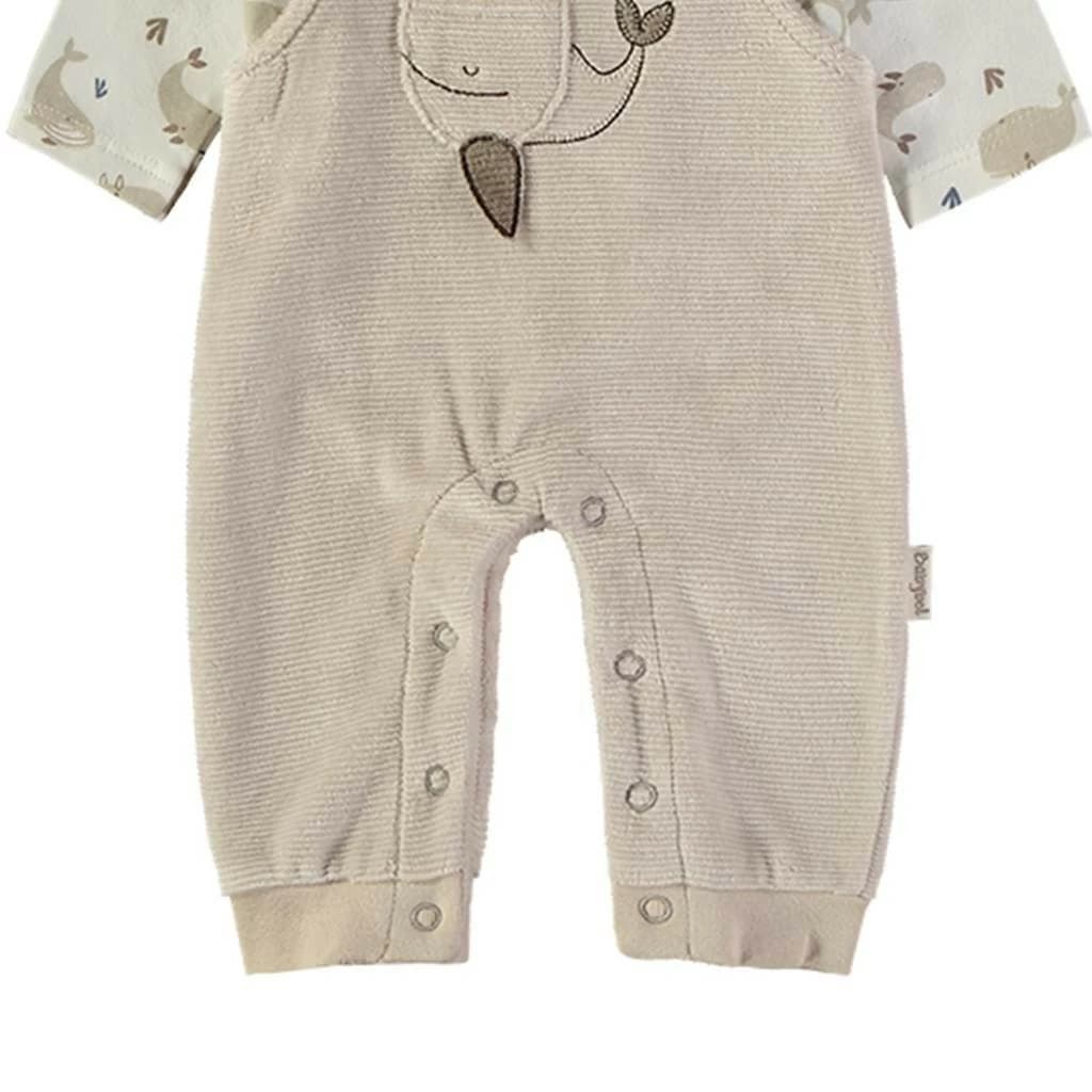 Conjunto de bebé de peto tundosado beige con ballena y camiseta estampada Babybol 260056