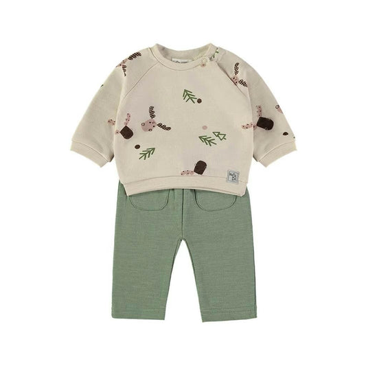 Conjunto de bebé de dos piezas en algodón con sudadera estampada de renos y pantalón verde salvia Babybol 260806