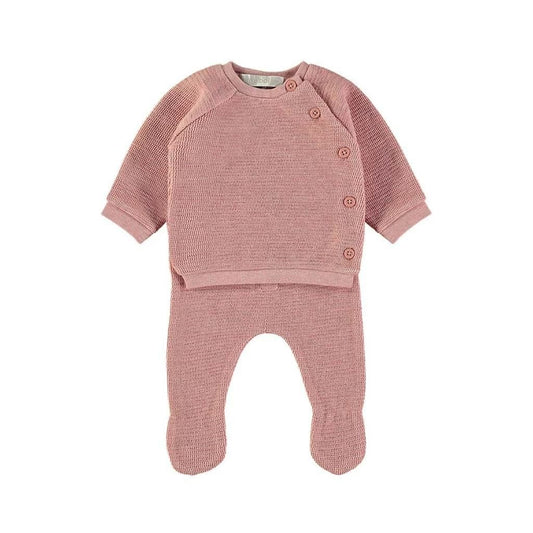 Conjunto de primera puesta en algodón texturizado rosa empolvado con jersey cruzado y polaina Babybol 260905