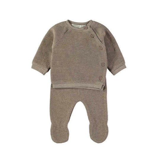 Conjunto de primera puesta en algodón texturizado beige con jersey cruzado y polaina Babybol 260906