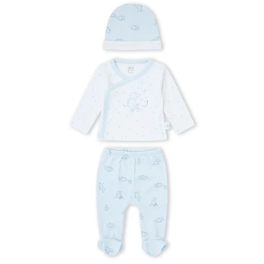 Conjunto interior de primera puesta de tres piezas en algodón celeste con camiseta cruzada, polaina y gorrito Yatsi Referencia 26110006