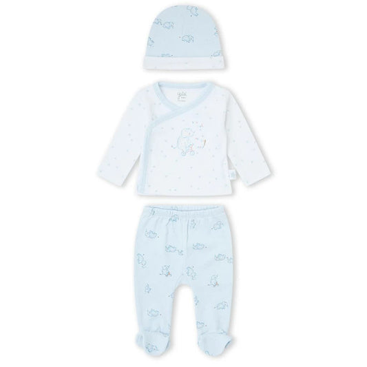 Conjunto interior de primera puesta de tres piezas en algodón celeste con camiseta cruzada, polaina y gorrito Yatsi Referencia 26110006