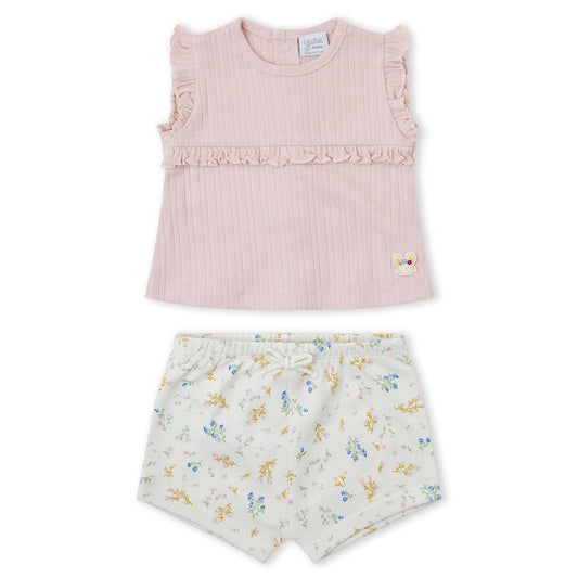 Conjunto bebé rosa con textura y short floral – Yatsi 26110872 (1 a 18 meses)