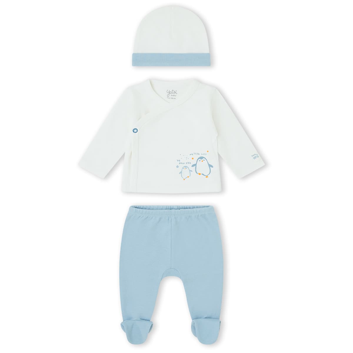 Conjunto de primera puesta para recién nacido de 3 piezas con gorro, chaquetita cruzada y polaina celeste Yatsi Baby Referencia 26200003 - Diseñado en España