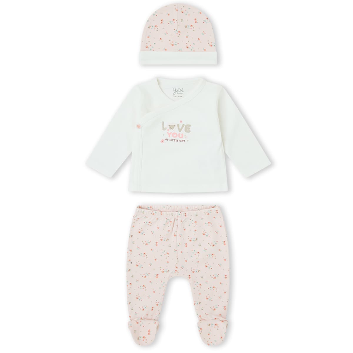 Conjunto de primera puesta para recién nacido de 3 piezas con gorro, chaquetita cruzada y polaina floral rosa Yatsi Baby Referencia 26200011 - Diseñado en España