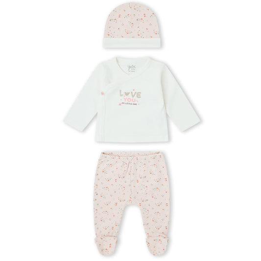 Conjunto de primera puesta para recién nacido de 3 piezas con gorro, chaquetita cruzada y polaina floral rosa Yatsi Baby Referencia 26200011 - Diseñado en España