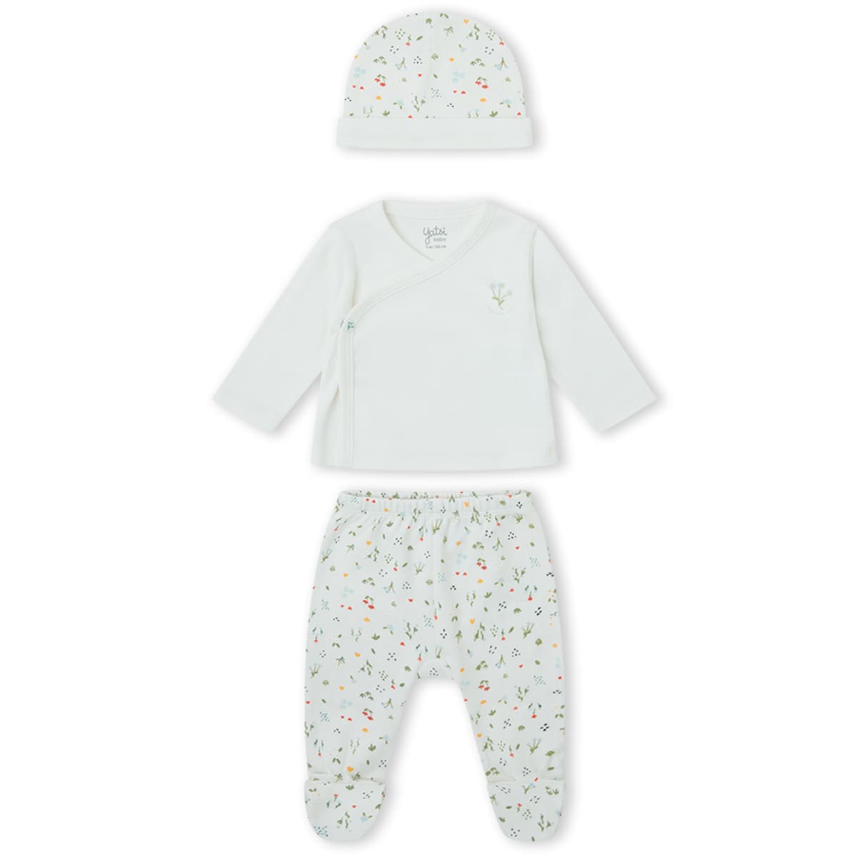 Conjunto de primera puesta para recién nacido de 3 piezas con gorro, chaquetita cruzada y polaina floral menta Yatsi Baby Referencia 26200012 - Diseñado en España
