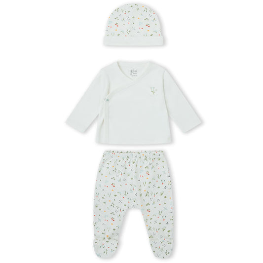 Conjunto de primera puesta para recién nacido de 3 piezas con gorro, chaquetita cruzada y polaina floral menta Yatsi Baby Referencia 26200012 - Diseñado en España