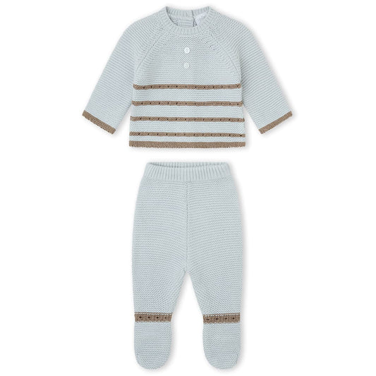 Conjunto de primera puesta en punto tricot celeste y camel con jersey a rayas y polaina en caja regalo Yatsi Baby Referencia 26200600 - Diseñado en España