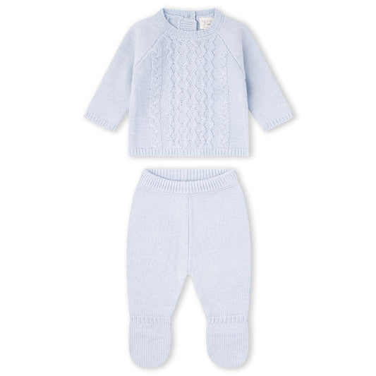 Conjunto de primera puesta en punto tricot azul celeste con jersey de ochos y polaina en caja regalo Yatsi Baby - Diseñado en España