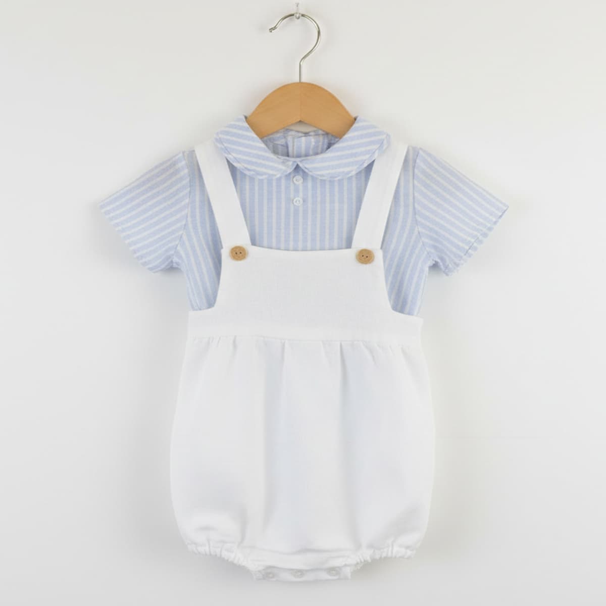 Conjunto Rana Bebé Crudo con Blusa Rayas Celeste – Primera Puesta Creaciones Baby Ferr 26233