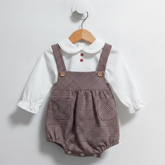 Conjunto de bebé de dos piezas con blusa blanca y peto rana en cuadro Gales Baby Ferr Colección Gales Referencia 26287 - Fabricado en España