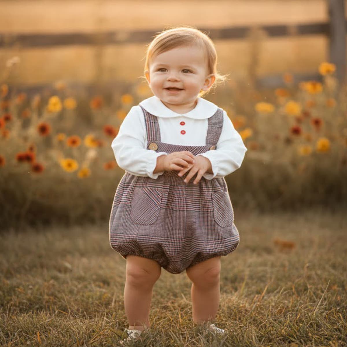Conjunto de bebé de dos piezas con blusa blanca y peto rana en cuadro Gales Baby Ferr Colección Gales Referencia 26287 - Fabricado en España