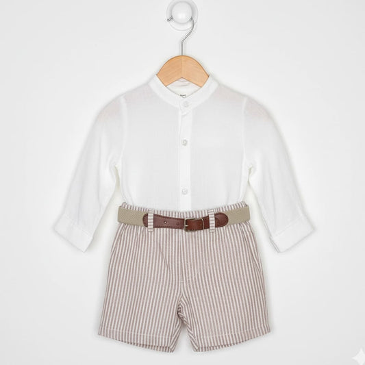 Conjunto infantil crudo con camisa blanca y pantalón de rayas Baby Ferr 26340 (2 a 6 años)