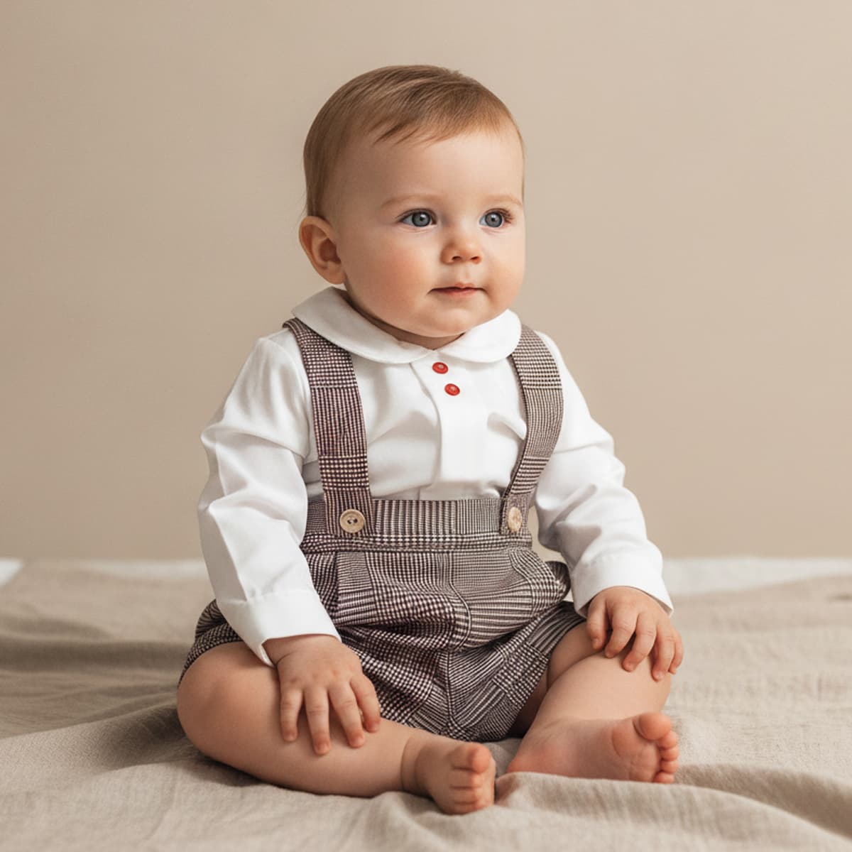 Conjunto de vestir para bebé niño con blusa blanca y pantalón con tirantes tipo pinocho en cuadro Gales Baby Ferr Colección Gales Referencia 26355 - Fabricado en España