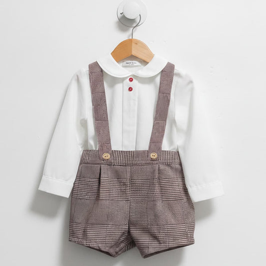Conjunto de vestir para bebé niño con blusa blanca y pantalón con tirantes tipo pinocho en cuadro Gales Baby Ferr Colección Gales Referencia 26355 - Fabricado en España