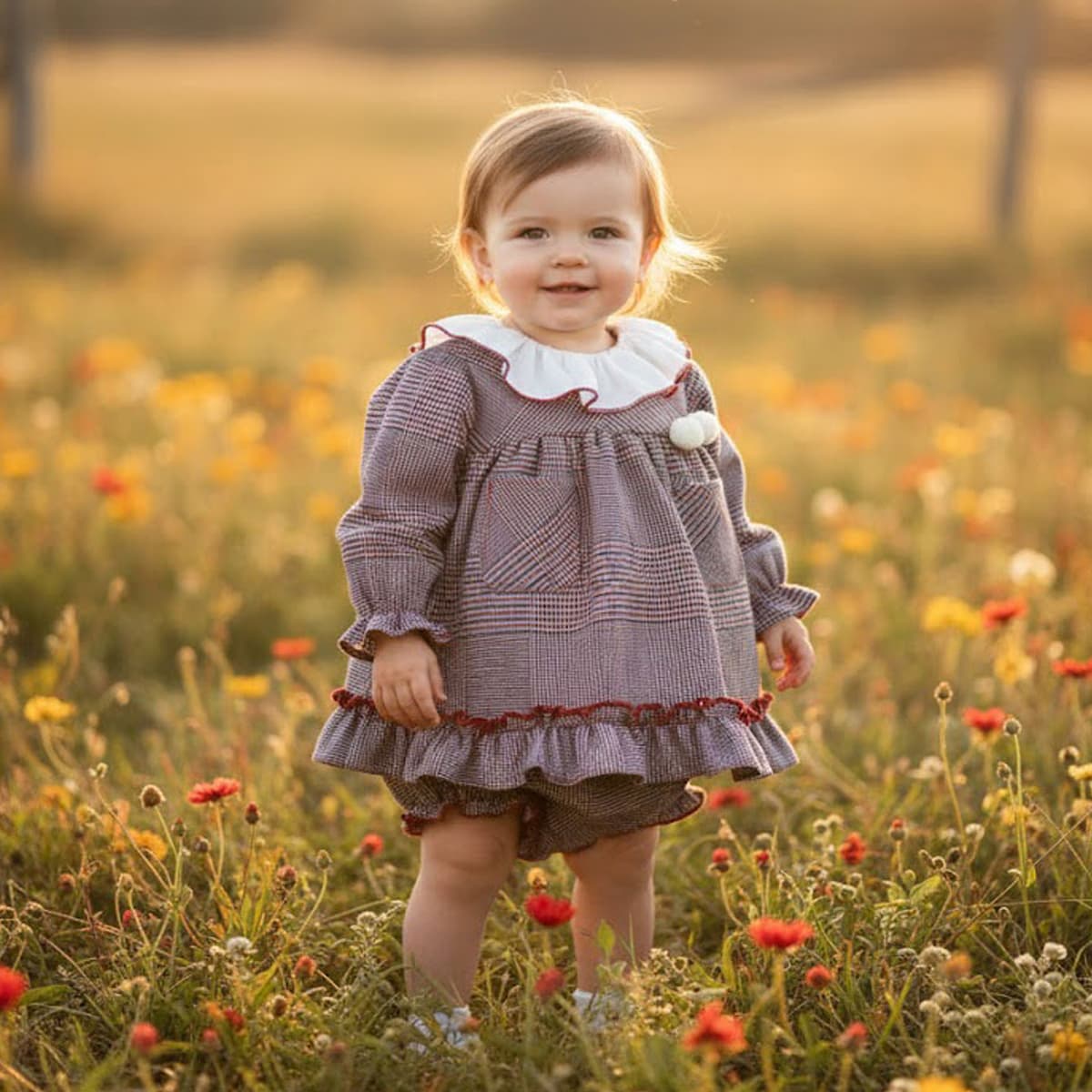 Conjunto jesusito de bebé niña con braguita cubrepañal en cuadro Gales Baby Ferr Colección Gales Referencia 26432 - Fabricado en España