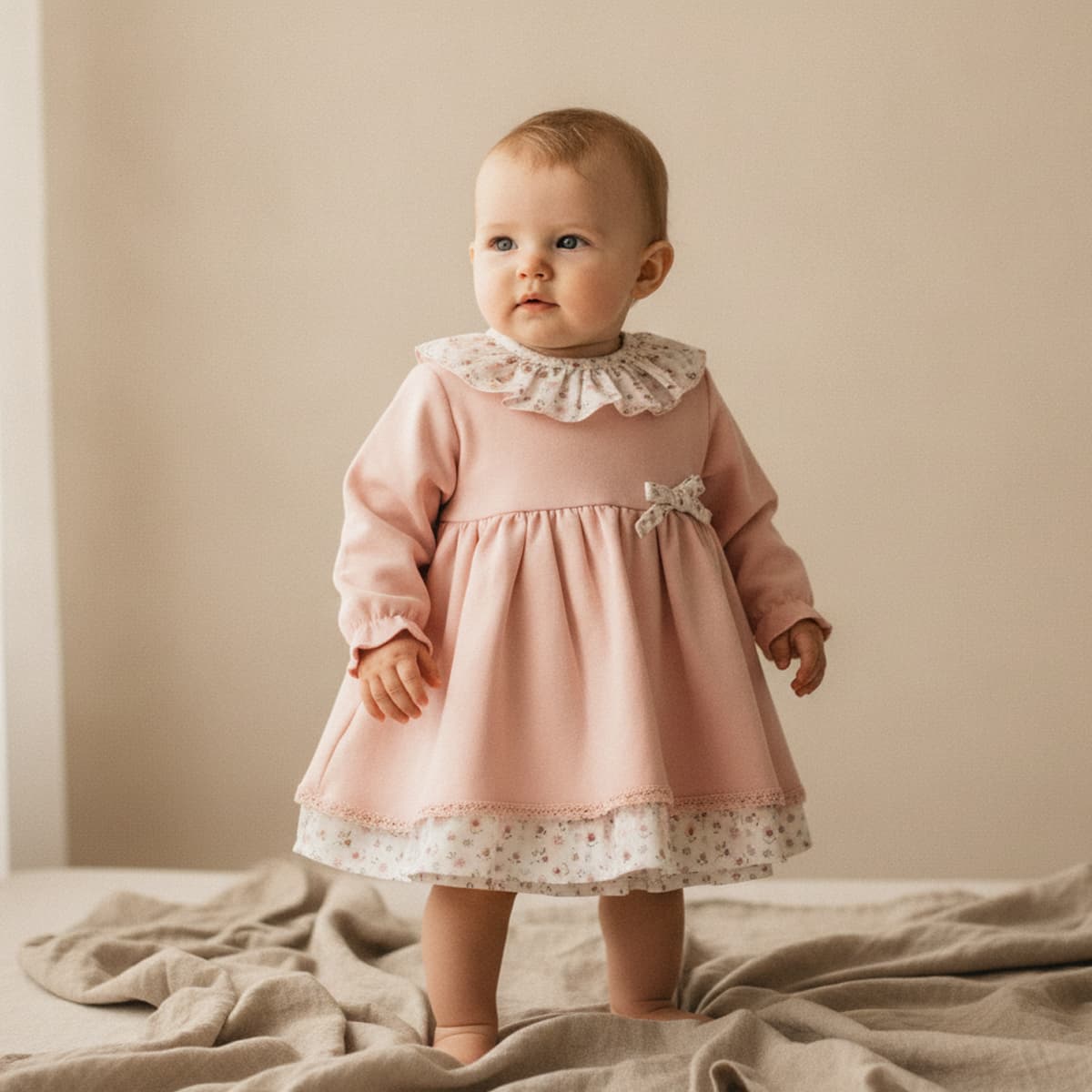 Vestido de bebé niña rosa con cuello volante y lazo colección Coquette Baby Ferr Modelo 26603 - Fabricado en España