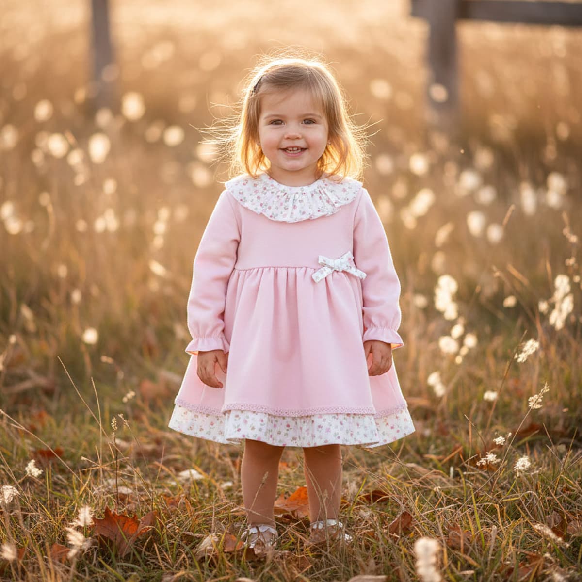 Vestido de bebé niña rosa con cuello volante y lazo colección Coquette Baby Ferr Modelo 26603 - Fabricado en España