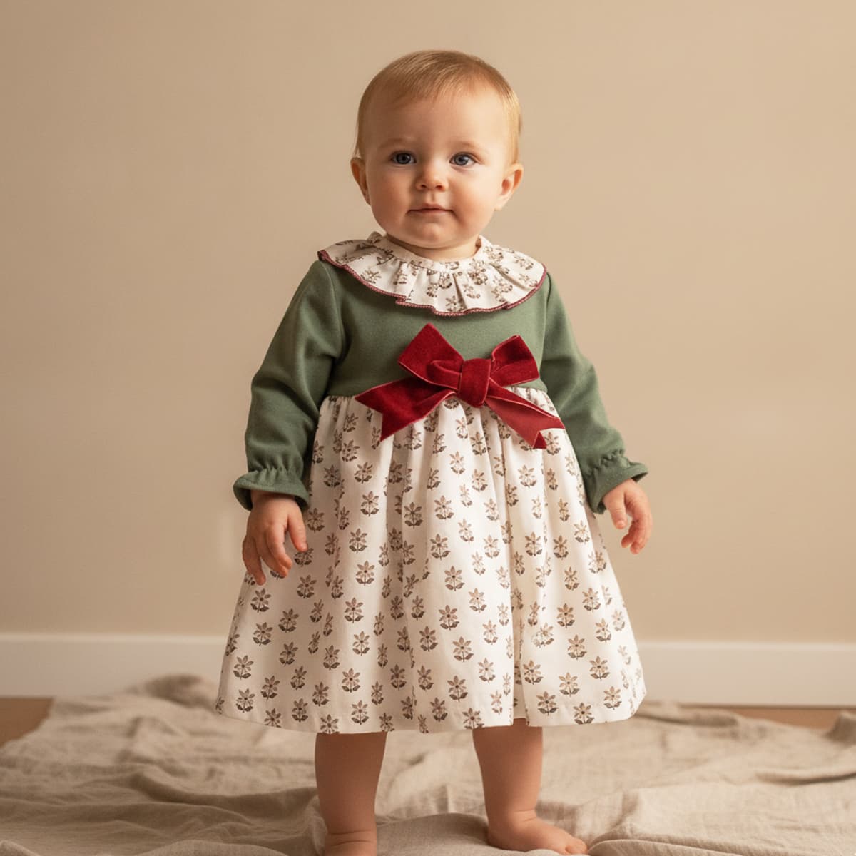 Vestido de bebé niña combinado verde con falda estampada y lazo de terciopelo burdeos colección Liberty/Vichy Baby Ferr Modelo 26609 - Fabricado en España