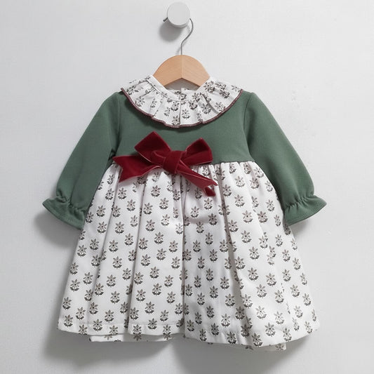 Vestido de bebé niña combinado verde con falda estampada y lazo de terciopelo burdeos colección Liberty/Vichy Baby Ferr Modelo 26609 - Fabricado en España