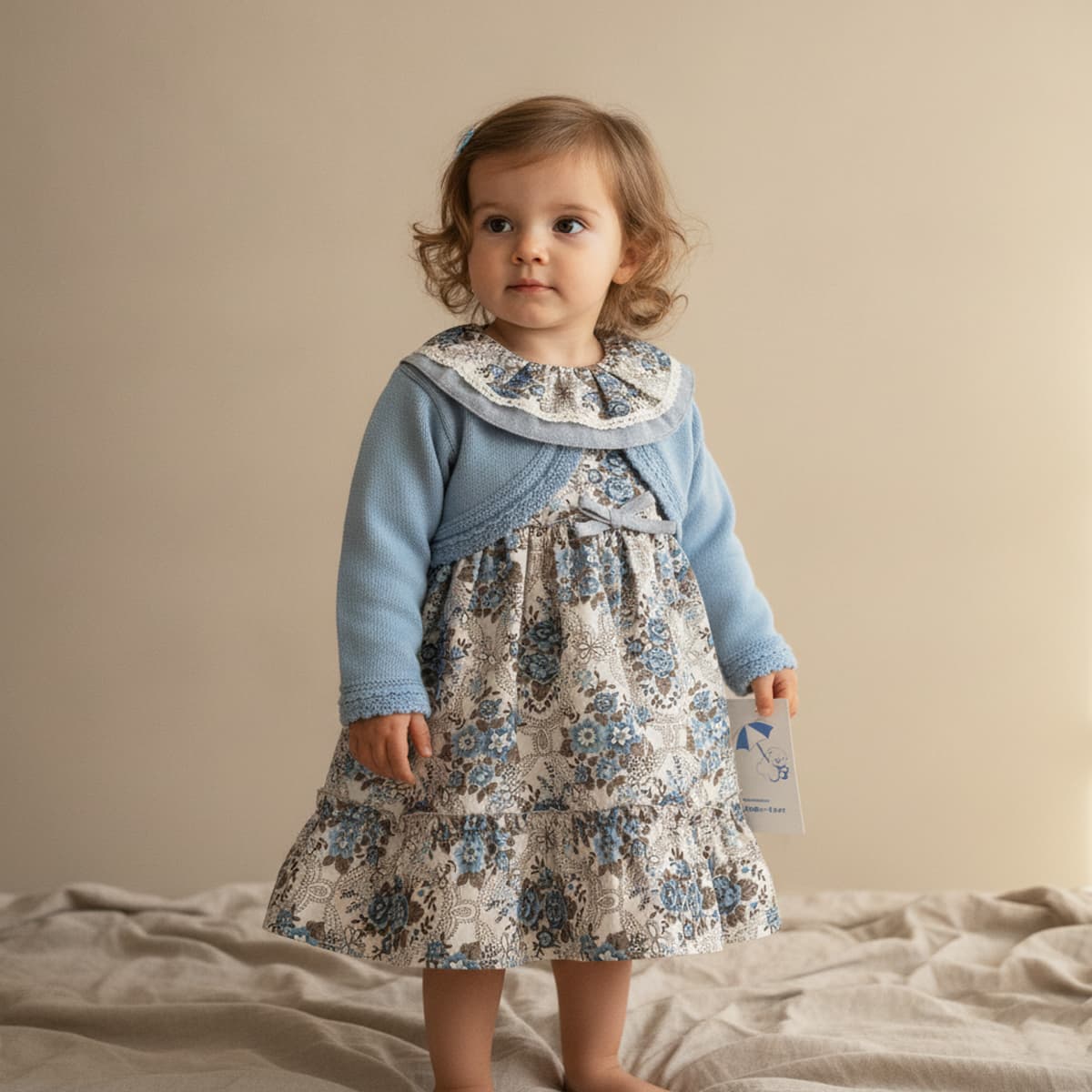 Conjunto de bebé niña de dos piezas con vestido floreado y chaqueta de punto celeste Modelo 26642 - Fabricado en España
