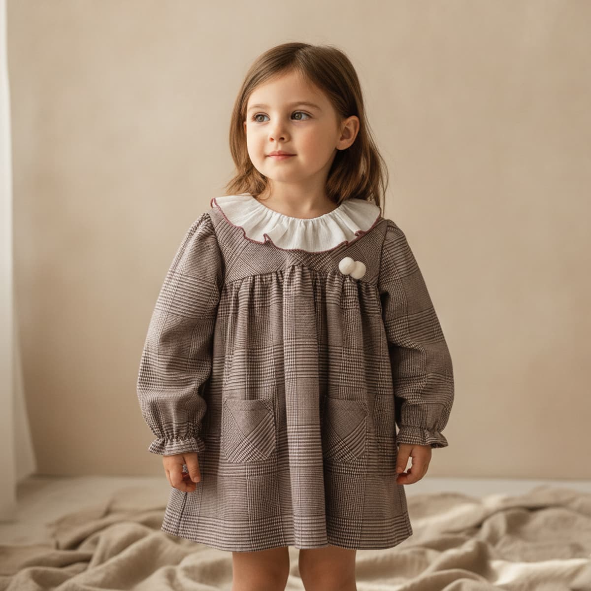 Vestido de niña de manga larga en cuadro Gales con cuello volante Baby Ferr Colección Gales Referencia 26652 - Fabricado en España