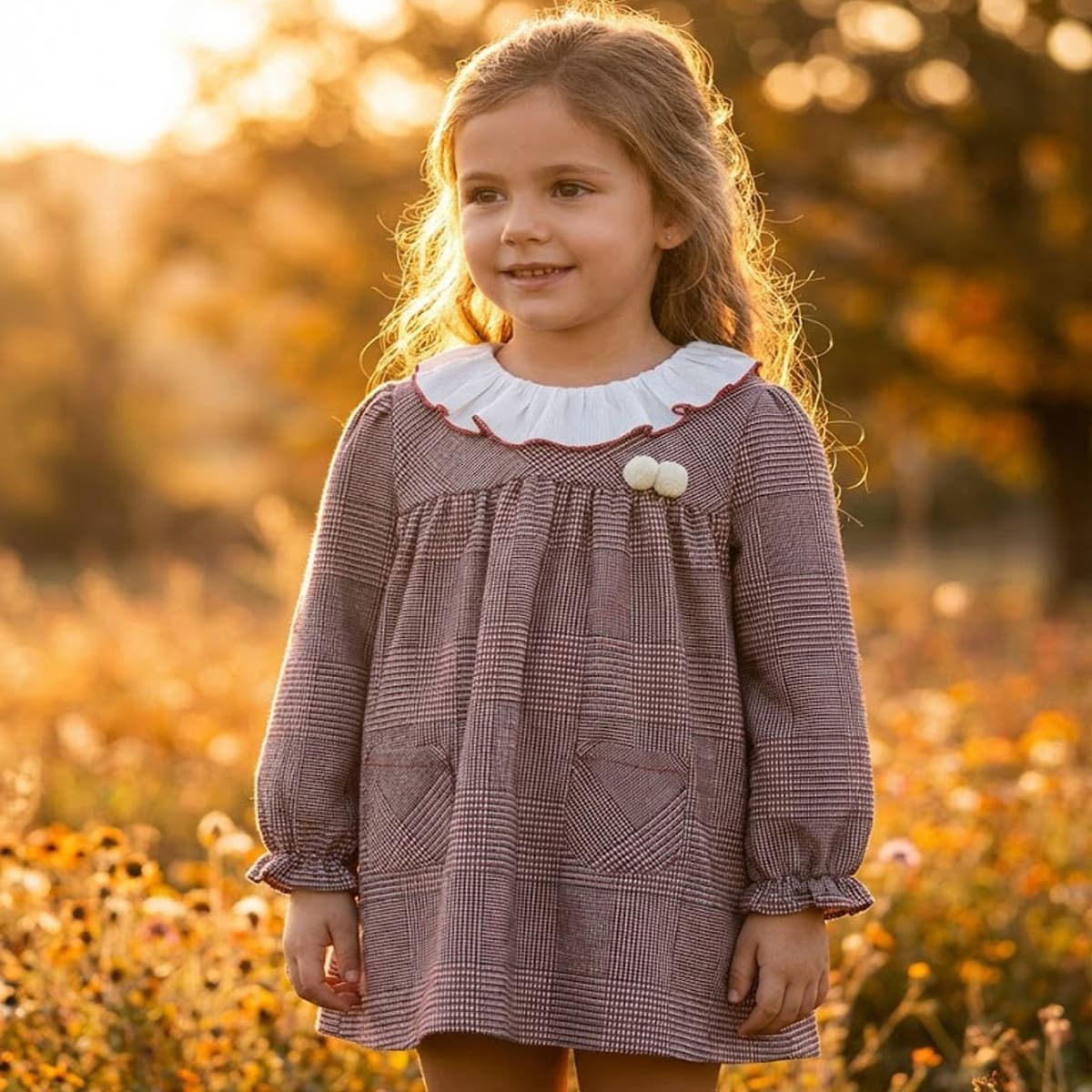 Vestido de niña de manga larga en cuadro Gales con cuello volante Baby Ferr Colección Gales Referencia 26652 - Fabricado en España