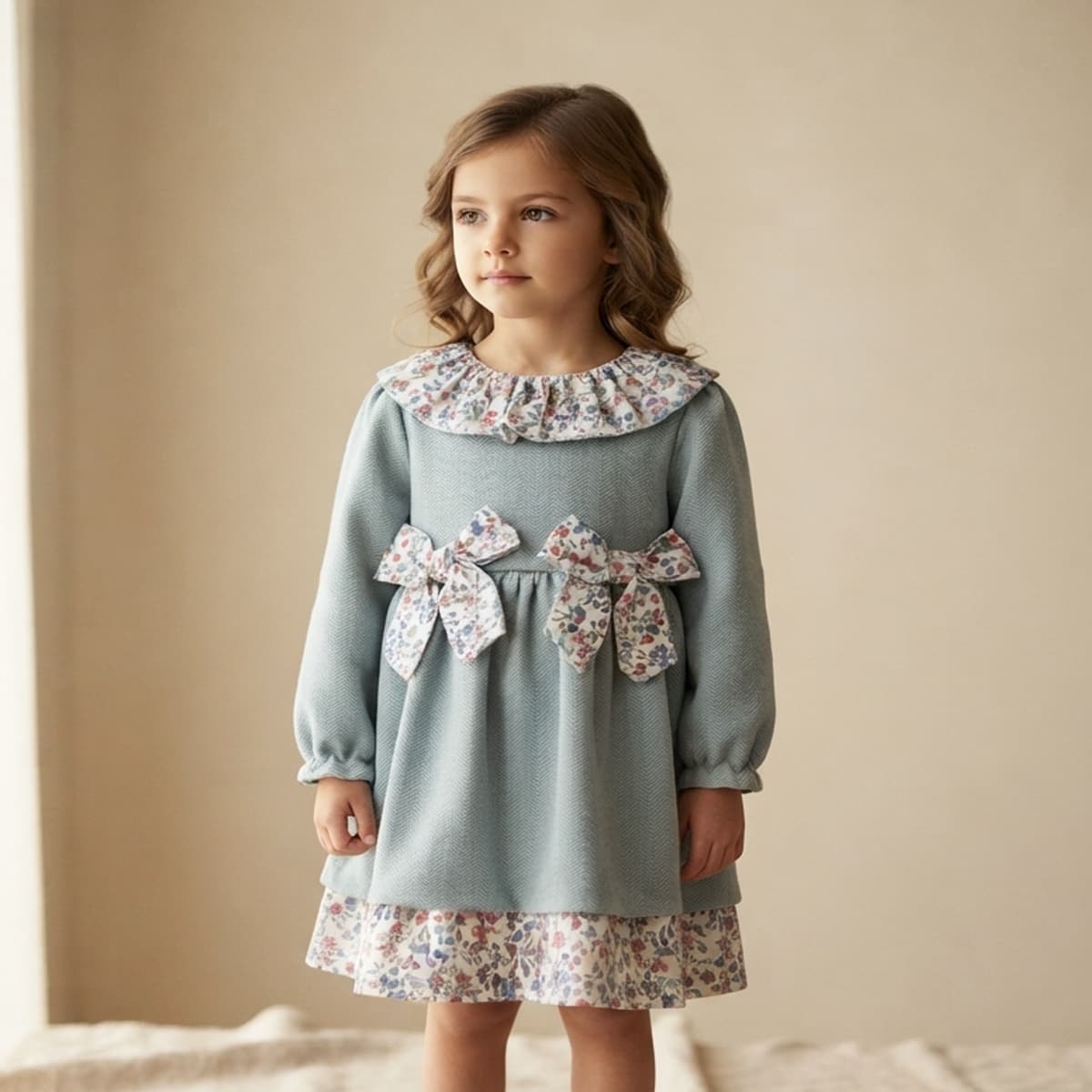 Vestido infantil azul con estampado floral para niña Creaciones Baby Ferr 26665 Fabricado en España