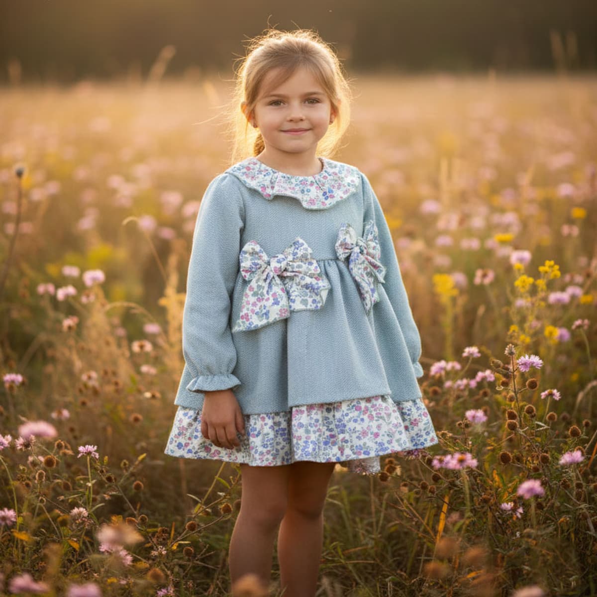 Vestido infantil azul con estampado floral para niña Creaciones Baby Ferr 26665 Fabricado en España
