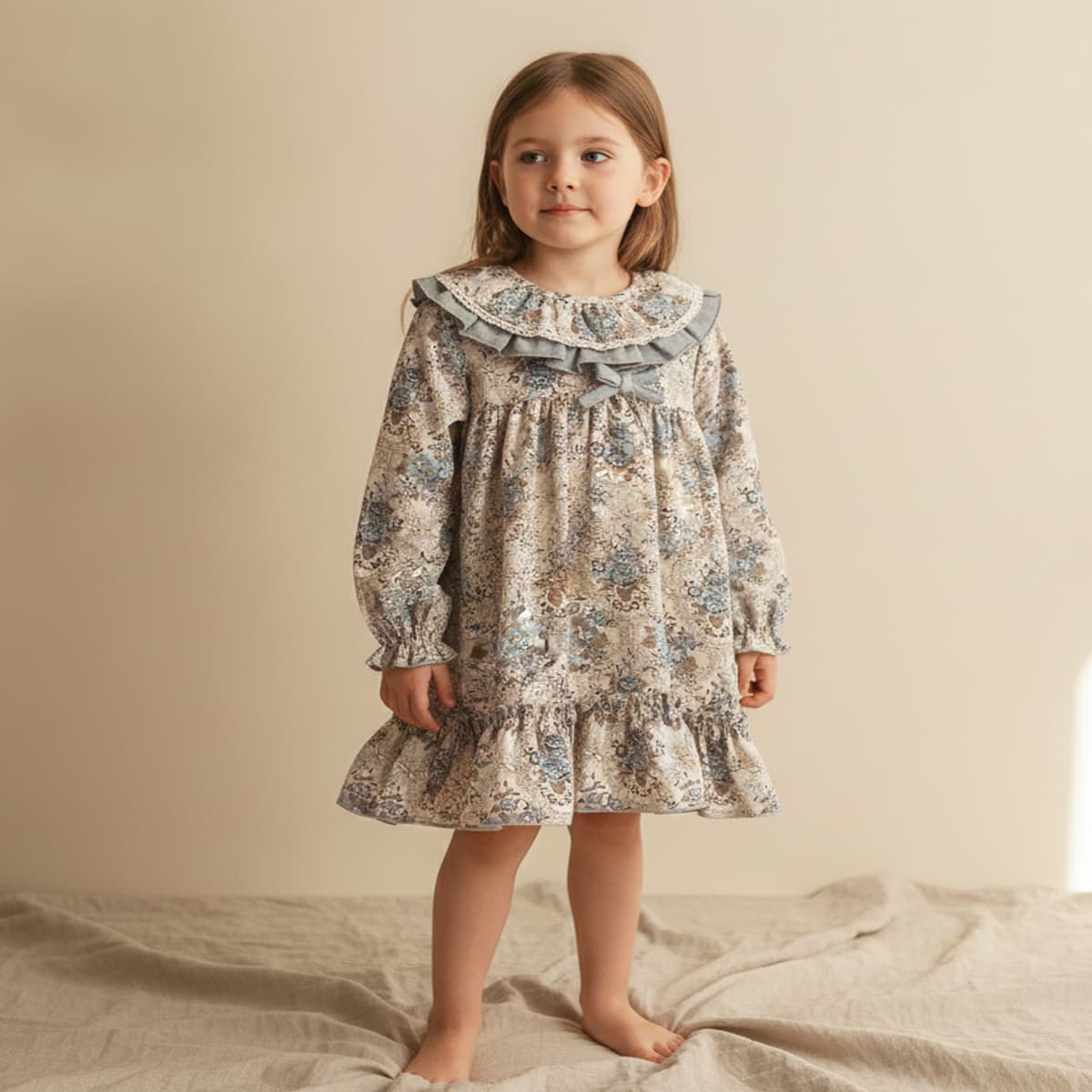 Vestido de niña con estampado floral, cuello de batista y lazo colección Victoriano Modelo 26668 - Fabricado en España