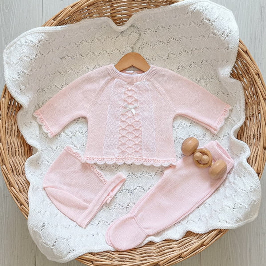 Conjunto de punto para bebé 3 piezas – Perlé rosa | Pelottas 26C1005 (0 a 6 meses)