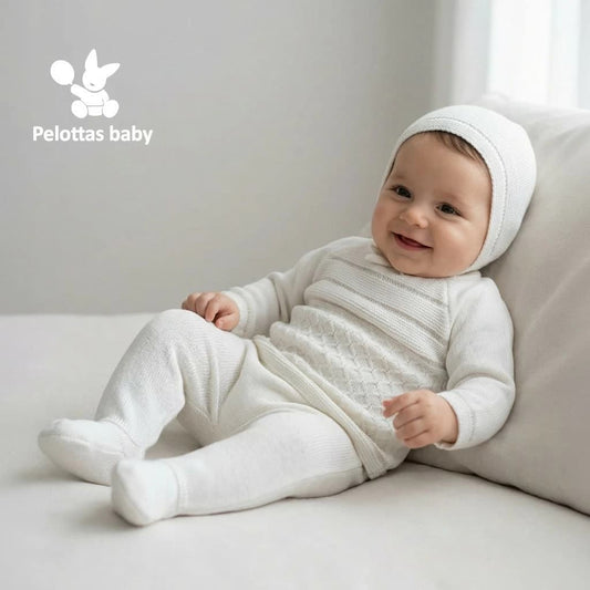 Conjunto primera puesta bebé de lana 3 piezas con polaina y capota Pelottas 621102013 Crudo