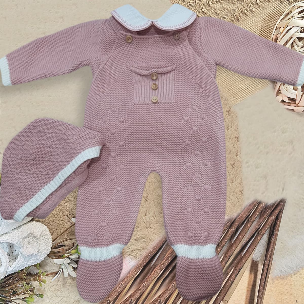 Conjunto de macacões de malha Glory Baby – rosa claro com detalhes em branco 27101 (0 a 6 meses) 