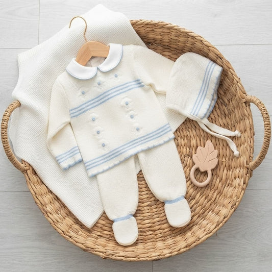 Conjunto de bebé 3 piezas de lana con polaina y capota GLORY – Blanco Celeste 29103