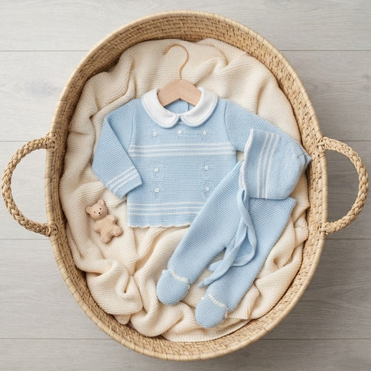 Conjunto de bebé 3 piezas de lana celeste con polaina y capota 29103 GLORY