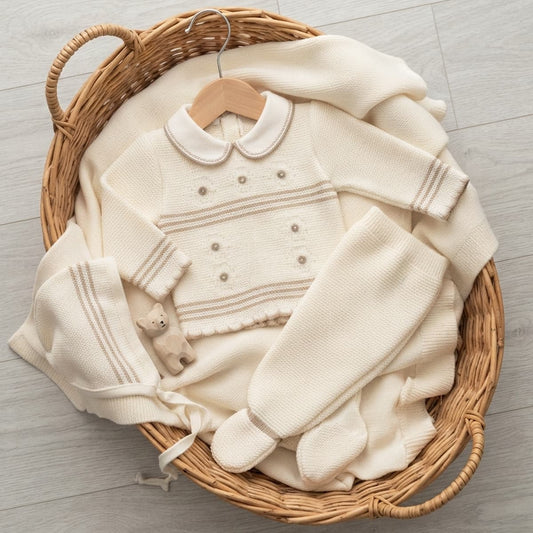 Conjunto primera puesta bebé 3 piezas de lana 29103 Crudo – Glory Bebé