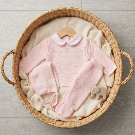 Conjunto primera puesta bebé 3 piezas de lana rosa con polaina y capota 29103 GLORY