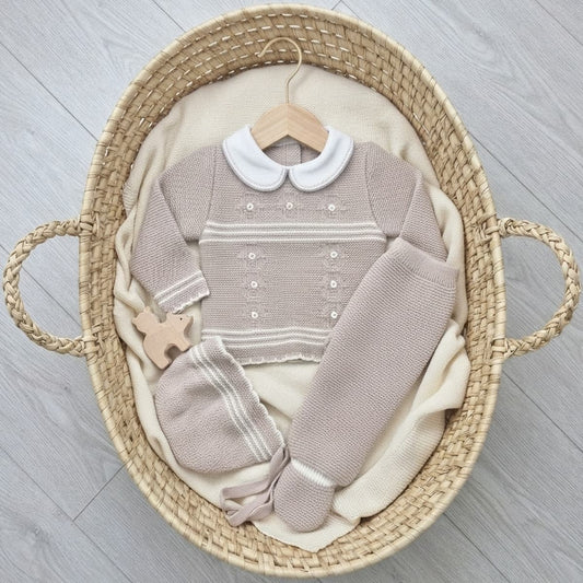 Conjunto de bebé 3 piezas de lana color tierra con polaina y capota 29103 GLORY