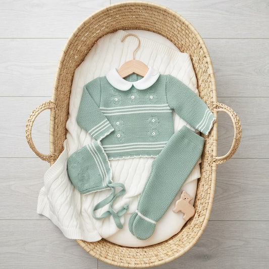 Conjunto de bebé 3 piezas de lana verde agua con polaina y capota 29103 GLORY