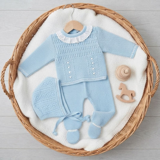 Conjunto de primera puesta celeste para bebé Glory Lana 100% acrílico con capota 29105