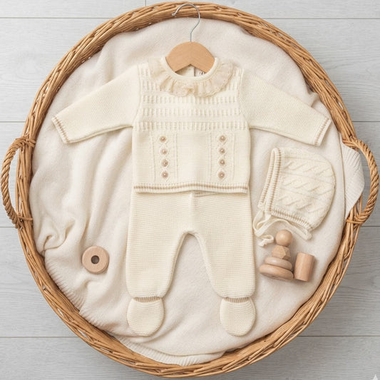 Conjunto de primera puesta crudo para bebé Lana 100% acrílico con capota Glory 29105