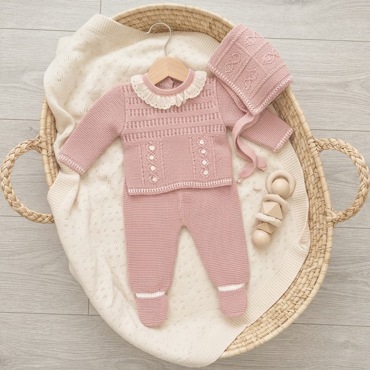 Conjunto de lã Glory Baby – Azul Claro com Pompons 27109 (0 a 6 meses) 