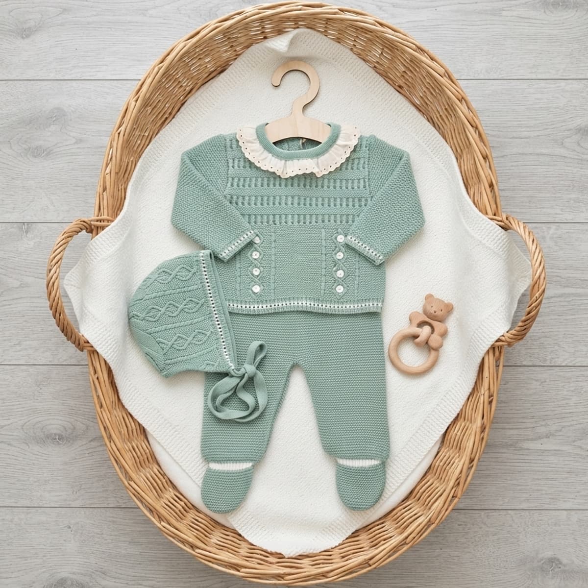 Ensemble bébé en laine Glory – Bleu clair à pompons 27109 (0 à 6 mois) 