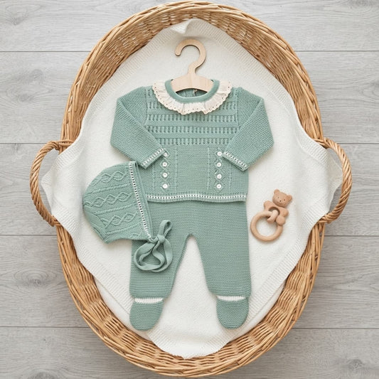 Conjunto de primera puesta verde para bebé Lana 100% acrílico con cuello de piqué 29105 GLORY