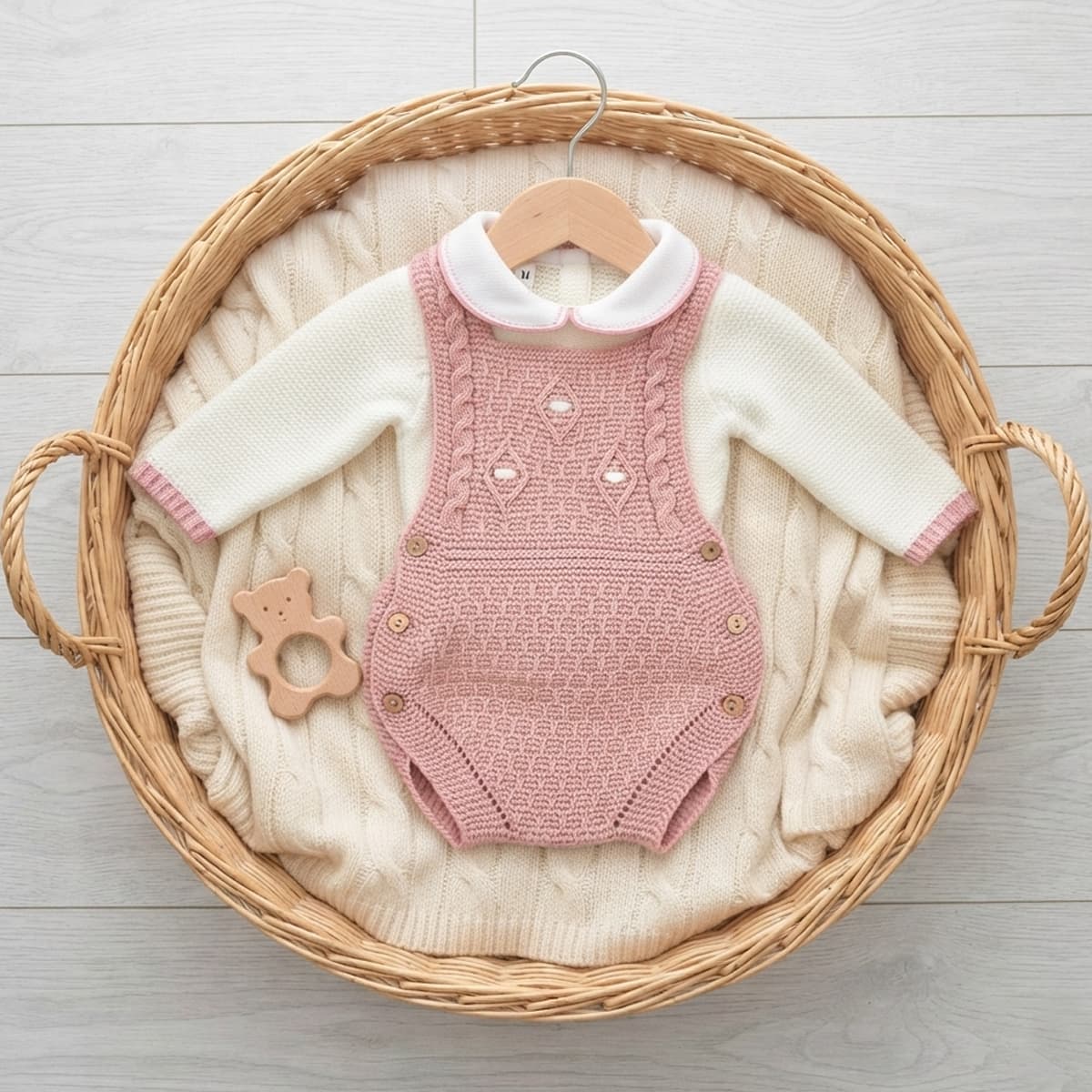 Conjunto de primera puesta para bebé con ranita rosa empolvado y jersey crudo Glory Bebé 29107 Lana 100% acrílica